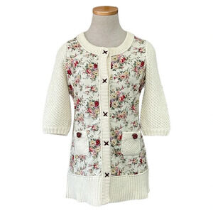Anthropologie HWR Monogram Jacket Women's XS Extra Small Cream Floral Denim Knit